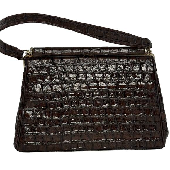 Vintage Brown Faux Croc Top Handle Purse 60s 70s Frame Bag Structured Handbag - Picture 3 of 6